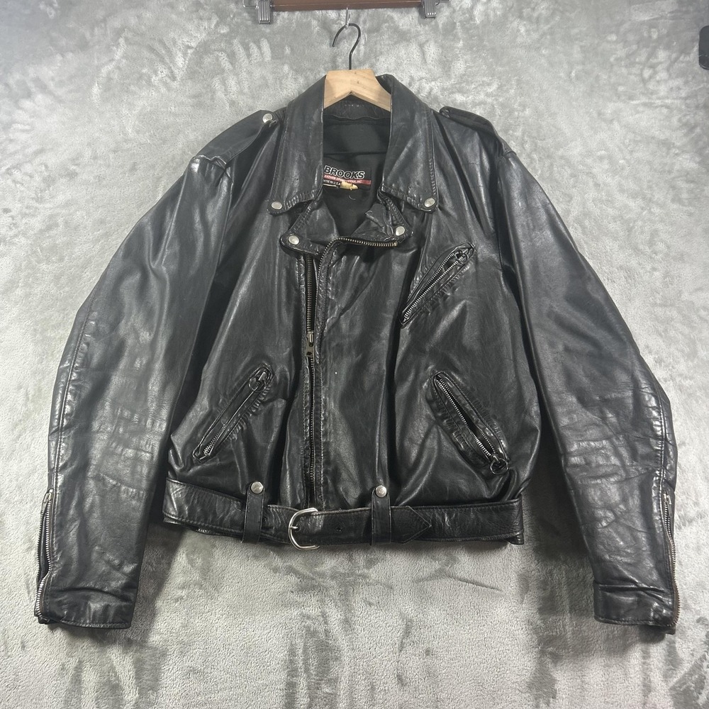 Vintage Brooks Jacket Mens Large Black Leather Belted Motorcycle Biker USA